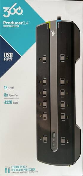 360 819124010143 Electrical Producer 3.4 12-outlet Surge Strip With 3.4a 2-port Usb Black
