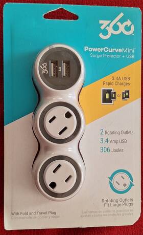 360530 360 819124017678 Electrical Powercurve Mini Surge Protector With 2 Rotating Outlets 3.4a Usb N
