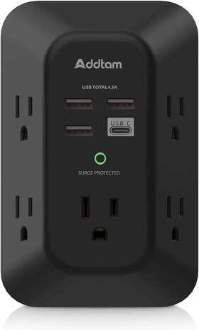 Addtam 313022834882 Usb Wall Charger Surge Protector - 5 Outlet Extender With 4 Charging