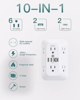 Addtam 445004898896 Surge Protector Outlet Extender 6-outlet Splitter With 4 Usb Wall Charge