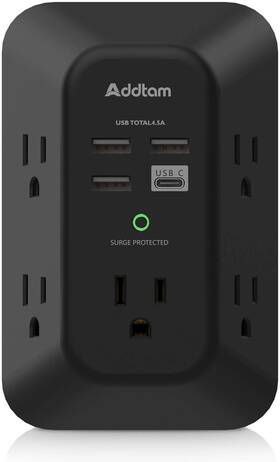 Addtam 445006988984 Usb Wall Charger Surge Protector - 5 Outlet Extender With 4 Charging