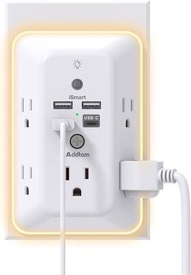Addtam 445024441416 Surge Protector Outlet Extender Plug Extension With Night Light