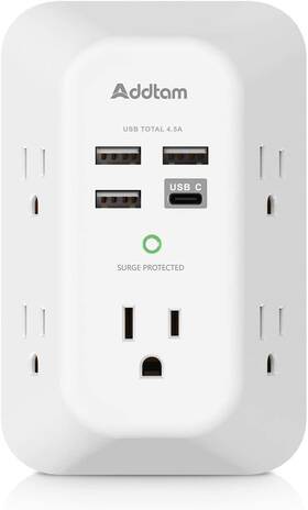Addtam 445040731799 5-outlet Extender Surge Protector Multi Plug Wall Outlet With 4 Usb
