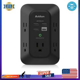 Addtam 445051662624 Usb Wall Charger Surge Protector - 5 Outlet Extender With 4 Charging Ports