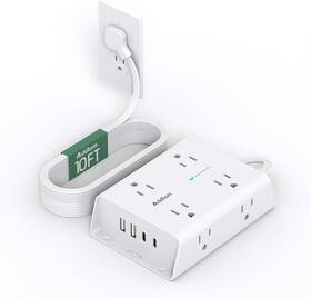 Addtam 705353401855 10ft Flat Plug Extension Cord Surge Protector Power Strip With Multiple Outlets
