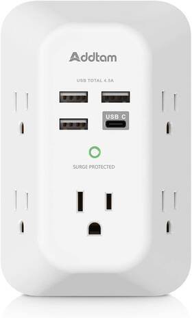 Addtam 744759082787 Usb Wall Charger Surge Protector 5 Outlet Extender With 4 Charging Po