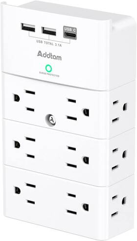 Ad5008 Addtam Multi Plug Outlet - Surge Protector Wall Mount With 12 1c2a White