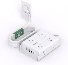 Ad84c2sm Addtam 15ft Flat Plug Extension Cord With Multiple Outlets Surge 15 Ft White