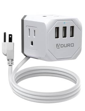 Pw-sqcbl-3usb-08 Aduro Powerup Square Multiple Plugs And Usb Power Strip With 3 White/grey