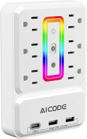 Zn-q8-c Aicode Outlet Extender With Usb C Multi Surge Protector White
