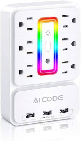 Zn-q8 Aicode Multi Plug Outlet Extender 6 Surge Protector With 3 Usb Charger