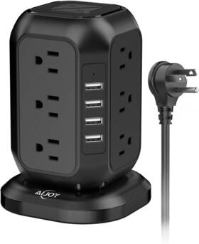 Ajhe16-h Aijoy Power Strip Tower With Usb Ports-aijoy Surge Protector 12 Ac Black