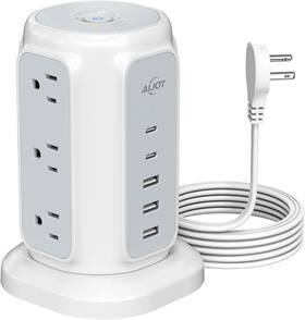 Ajhe24-bu Aijoy Flat Plug Power Strip Tower With 9 Outlets And 5 Usb Ports 2 C A-white