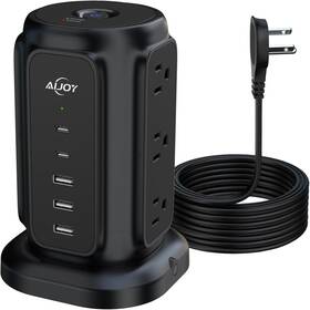 Ajhe24-h Aijoy Flat Plug Power Strip Tower With 9 Outlets And 5 Usb Ports 2 Black