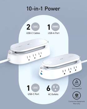 Aka91f1 Anker 10-in-1 Power Strip 100w Usb-c Charging Station 6-outlet Retractable Cable