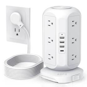 Hu-xi-171 Aofo Tower Power Strip Flat Plug With 12 Outlets 4 Usb 1 C 10ft White