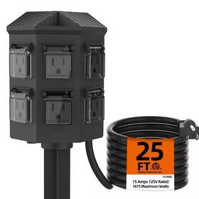 Beambox 313052664688 25 Ft. Outdoor Power Strip Weatherproof With Stake 6 Grounded Outlets 15a/3 Condu