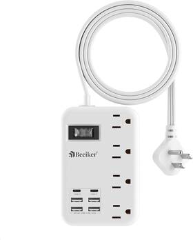 Beeiker 744759949448 6 Usb 2 C Travel Power Strip- Flat Plug Extension Cord 3 Feet With 4.8a 24w