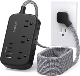 Beshon 313095356380 15 Ft Flat Plug Power Strip With Usb C 6 Outlets No Surge Black