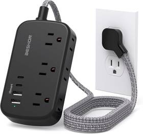 Bs621b Beshon Black Extension Cord 5ft Flat Plug Power Strip With Usb C 6 Outlets 4 Port