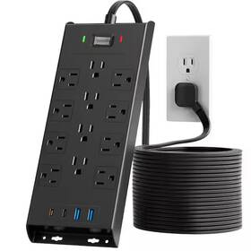 27cph041002 Branded 10 Ft. Flat Plug Surge Protector Power Strip Long Extension Cord With 12 Outlet