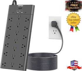 Branded 313114835889 Surge Protector Power Strip With 19 Outlets And 4 Usb Ports 15 Ft Flat Plug He