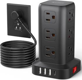 Branded01 313091377396 Surge Protector Power Strip Tower 12 Ac Outlets 4 Usb Ports 10ft Extension Black