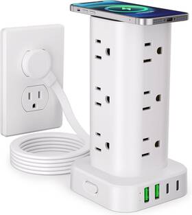 Branded01 313092313393 Power Strip Tower With Wireless Charger 12 Ac 4 Usb Fast Charging White 240 Volt