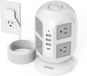Branded01 445005622698 Tower Surge Protector Power Strip 10 Ft Long Flat Extension Cord With Multiple
