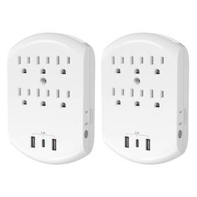 Clear Power 810079580965 2-pack Usb Wall Charger 6-outlet Extender Wall-tap With 2 Charging Ports