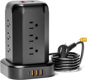 Co. Ltd 445016476402 Flat Plug Power Strip Surge Protector - 5 Ft Electric Extension Cord Black Tower