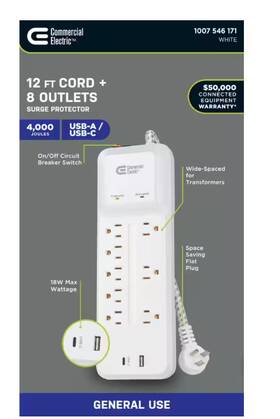 1007546171 Commercial Electric 12 Ft. Braided Cord 8-outlet Surge Protector Usb Usb-c White