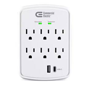 Commercial Electric 313036414421 6-outlet Wall Mounted Surge Protector With 1 Usb-a And Usb-c White