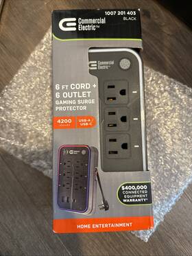 Commercial Electric 313114075018 New 6ft Rgb 6-outlet Surge Protector 2 Usb-a 1 Usb-c Black