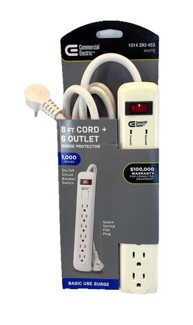 Commercial Electric Thbj-6-8w 8 Ft 6 Outlet Surge Protector Power Strip White