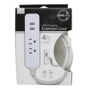 43678 Cordinate Usb Charging Extension Cord Grounded Outlets With Flat Plug White 4ft