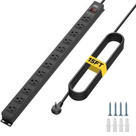 Jug048 Crst 12-outlet Long Power Strip With 15ft Cord 2100 Joules Heavy Duty Surge Prote
