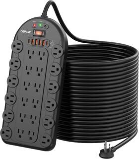 Depow 744110529852 25 Ft Power Strip Surge Protector 3 400 Joules 24 Ac Multiple Out