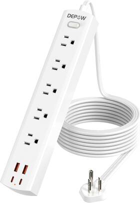 Depow 768443411516 10 Ft Ultra Thin Extension Cord 5-outlet Power Strip Surge White