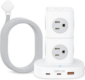 Qk1260-u2 Depow Power Strip Tower Surge Protector With 9 Outlets 3 Usb 2 C 5 Ft White