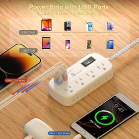 Electric Inc 445022297251 Power Strip Surge Protector 8 Outlets 4 Usb 2 C Ports Multi Plug Wall Outlet 5ft
