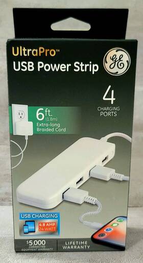 Ge 030878441391 Ultrapro Usb Power Strip 6ft Braided Cord 4 Charging Ports 4.8a 24w Mountable