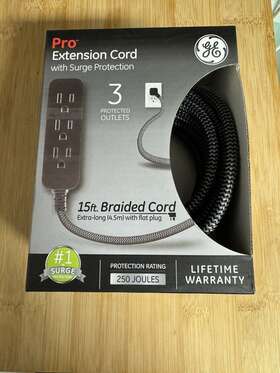 Ge 030878442374 Pro Extension Cord With Surge Protection 15 Ft 3 Outlet Braided Black