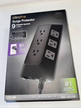 Ge 030878737746 Ultrapro 9 Spaced Outlets - Surge Protector 8ft Braided Cord Power Strip New