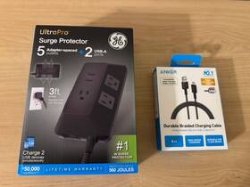 Ge 030878737777 5-outlet 2-usb 3ft. Surge Protector Two Anker Usb A Charger Cable