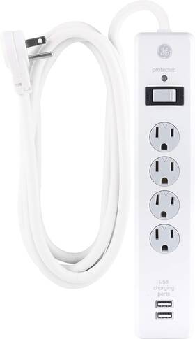 25798 Ge Surge Protector 4 Outlets 2 Usb Ports Extra Long 8ft. Power Cord White