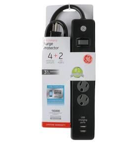 36189-p1 Ge Usb Charging Surge Protector 4-outlet 2-usb Ports With 3ft Cord - Black