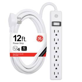45195 Ge 6-outlet Power Strip 12 Ft Extension Cord Flat Plug Grounded Integrated