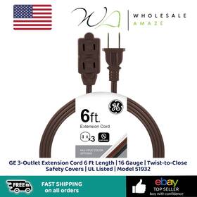 531219 Ge 3-outlet Extension Cord 6 Ft Length 16 Gauge Twist-to-close Safety Covers