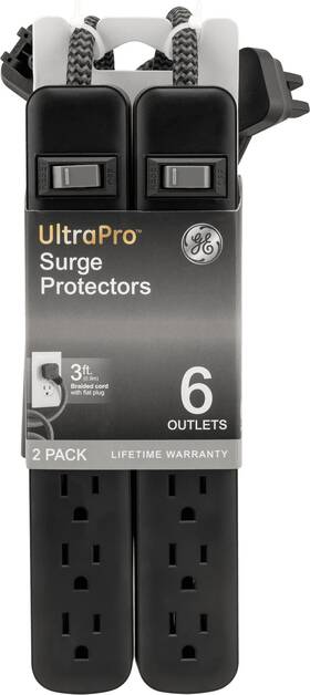 74544-rf1 General Electric Ge Adapt 6-outlet Surge Protector Power Strip 3ft Braided Cord Black 2-pack New